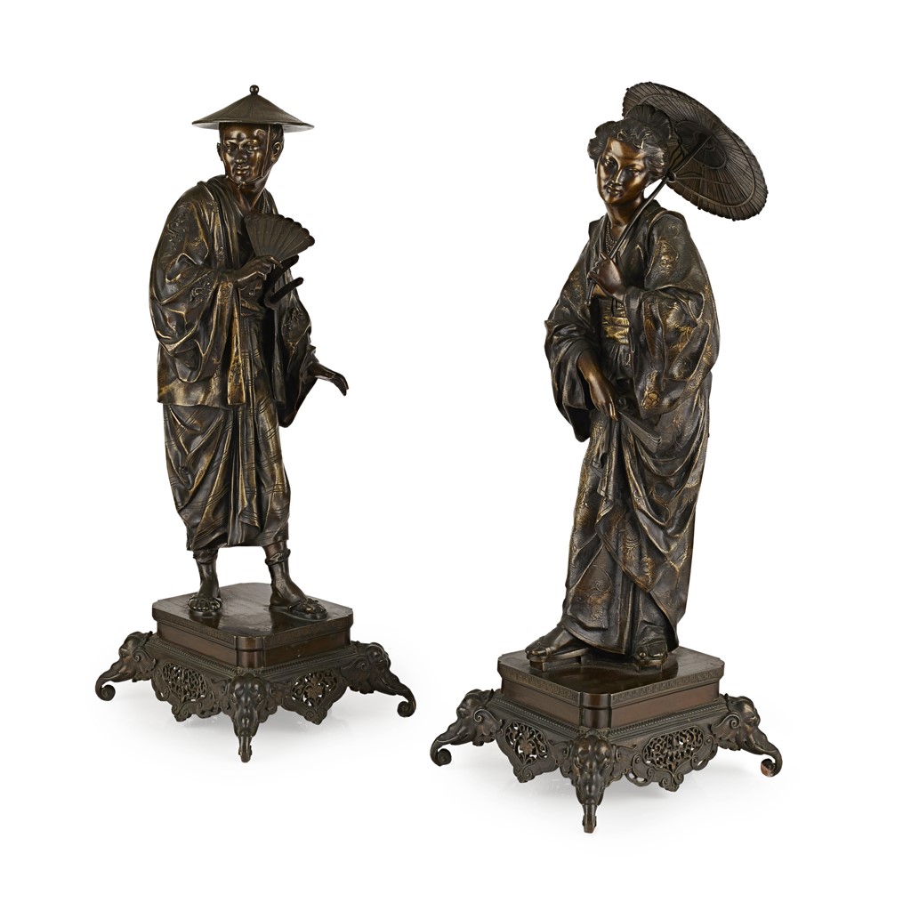 LARGE PAIR OF FRENCH 'JAPONISME' PATINATED AND GILT BRONZE FIGURES